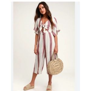 Lulus Jumpsuit L Cream Red Rayna Striped Tie-Front Culotte Crop Wide Leg Beach
